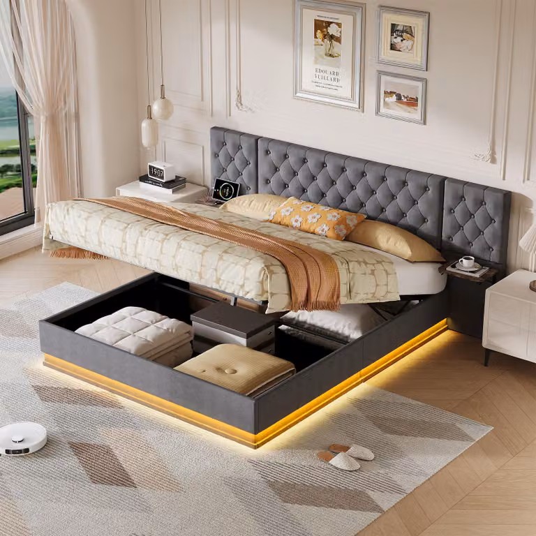 Letto imbottito ProximaX, dimensioni 160x200 cm, grigio, con spazio contenitore, illuminazione LED e funzione di ricarica USB-C