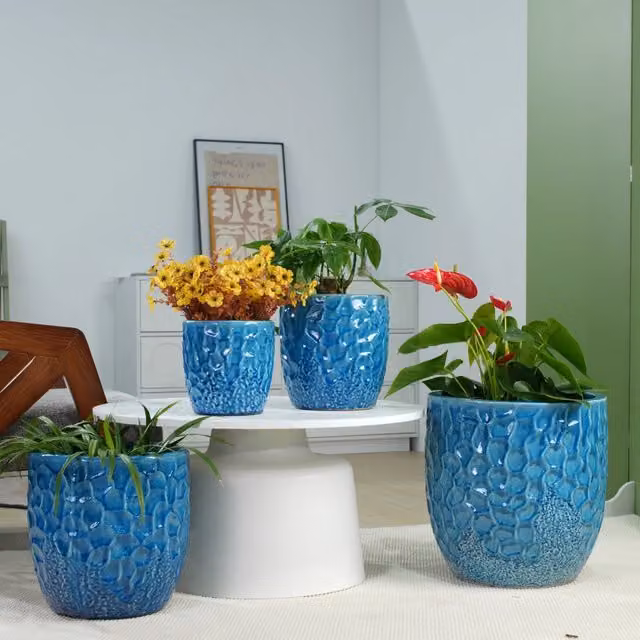 Set di 4 vasi per piante Minimal in ceramica blu lucido per giardino e interno – 1