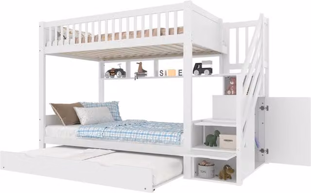 Letto a castello per bambini REDOM in pino e MDF bianco con letto estraibile e scala, L/P/H: 200 x 90 x 165 cm