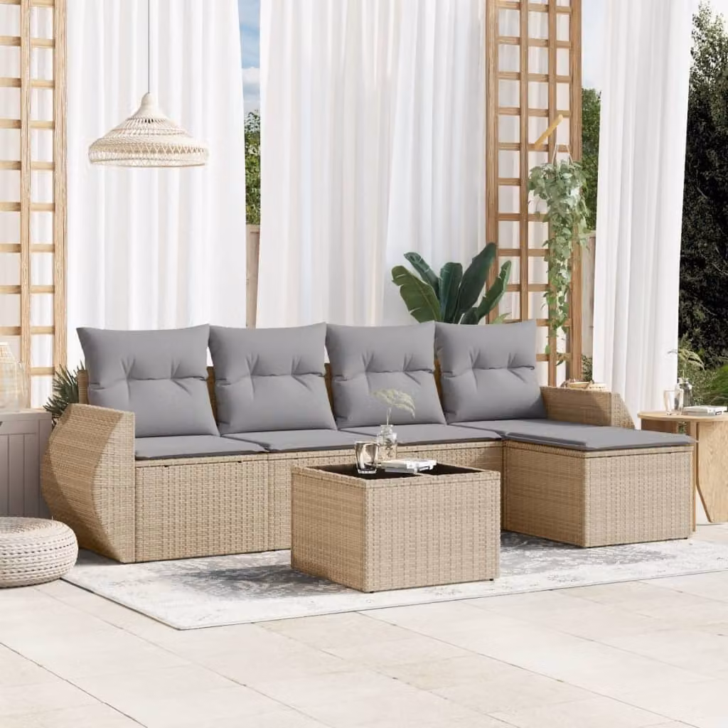 vidaXL Set Divano da Giardino 6 pz a L con Cuscini Beige e Struttura in Metallo e Polyrattan – 1