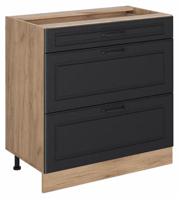 Mobiletto base per cucina Vicco R-Line Antracite country/Rovere dorato 80 cm con 3 cassetti senza piano di lavoro, Model 72439