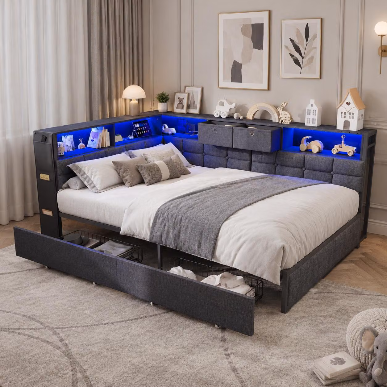 Letto imbottito INONEFT, divano letto 140x200 cm, letto matrimoniale con LED e USB, letto contenitore con testiera e cassetti, letto per ragazzi, tessuto in lino, colore grigio e nero