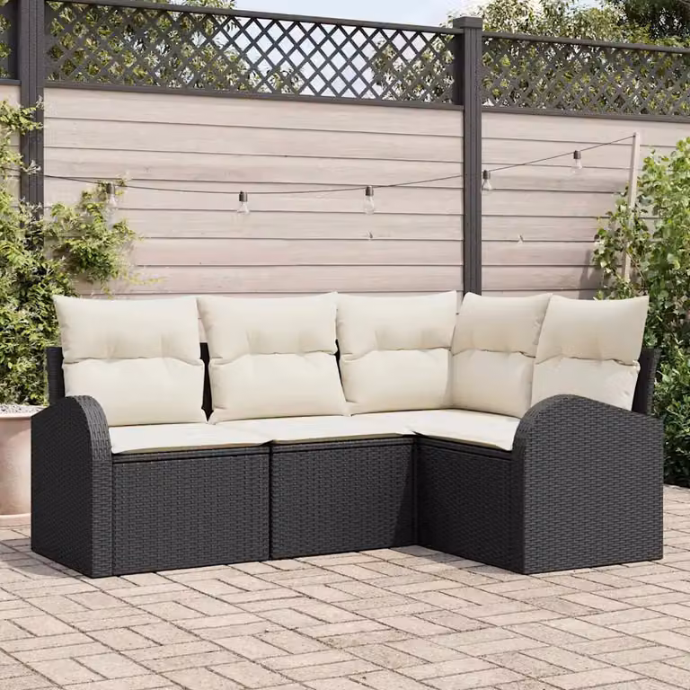 Set Divano da Giardino vidaXL a Forma di L in Polyrattan con Cuscini Nero e Bianco