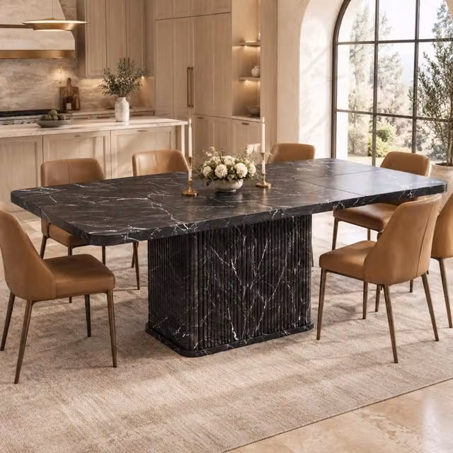 Tavolo da pranzo allungabile 140-180 cm con contenitore; MDF e metallo; nero effetto marmo