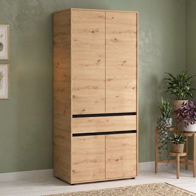 Armadio da camera da letto DMORA in rovere marrone con ante a battente, ripiani interni e appendiabiti, L: 93 cm, H: 211 cm – 1