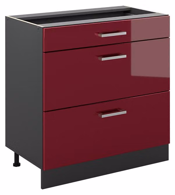 Mobiletto base per cucina Vicco R-Line Rosso lucido/Antracite 80 cm con 3 cassetti senza piano di lavoro, Model 72399
