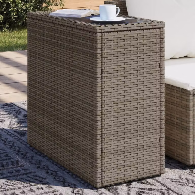 Tavolino da giardino moderno vidaXL in polyrattan con piano in vetro grigio e nero L/P/H: 58 x 27,5 x 55 cm