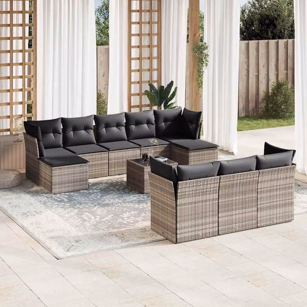 vidaXL Set Divani da Giardino 11 pz in Polyrattan Grigio con Cuscini e Tavolino – 1