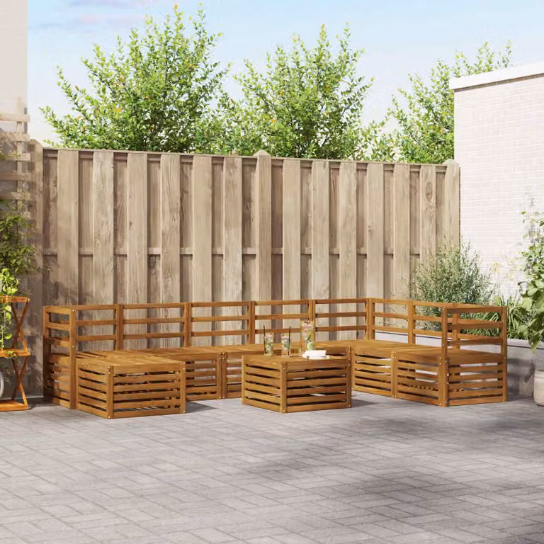 Set di divani da esterno vidaXL 9 pz in legno di acacia marrone con cuscini e tavolino da giardino a forma di L