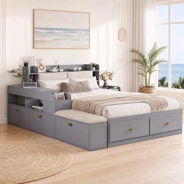 Letto matrimoniale 140 × 200 cm con contenitore in legno grigio con testiera imbottita e comodino integrato
