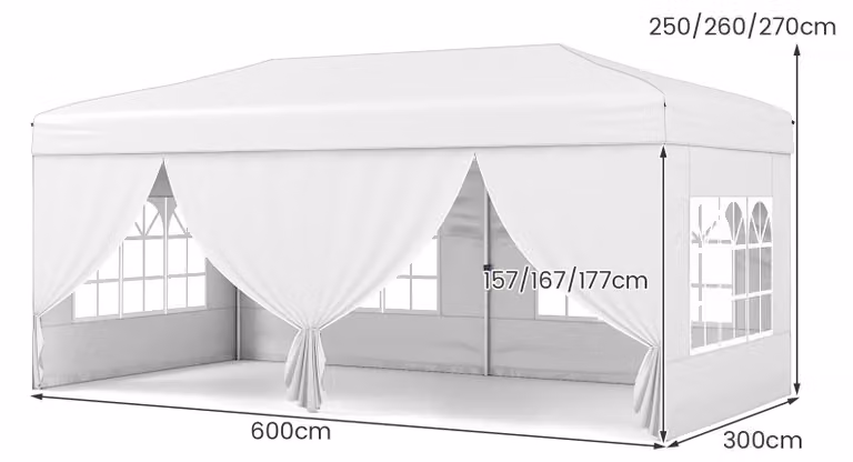 KOMFOTTEU, Padiglione pop-up 3x6 metri, padiglione pieghevole con 6 pareti laterali e 6 sacchi di sabbia, padiglione da giardino regolabile in altezza, con borsa da trasporto su ruote, ideale per spiaggia, matrimoni e campeggio, colore bianco