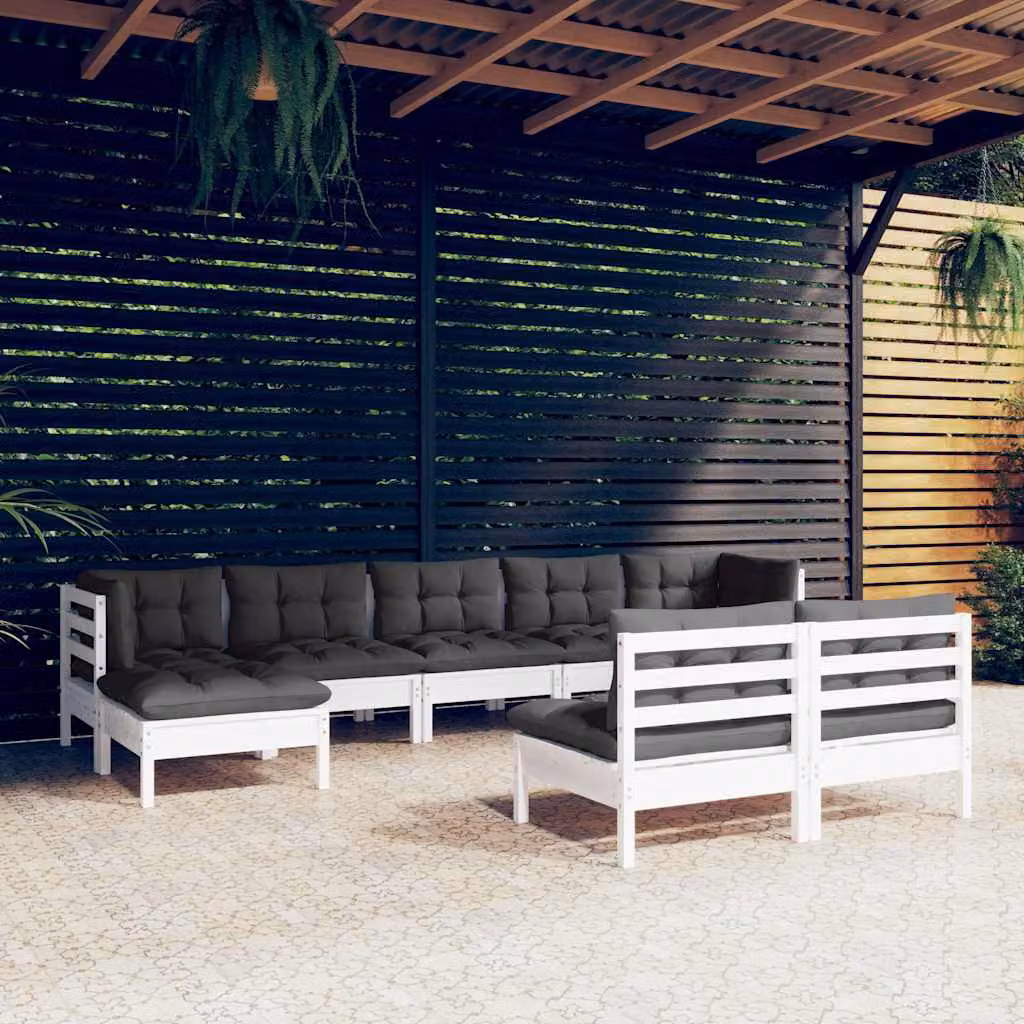 Set di divani da giardino vidaXL in legno di pino con cuscini bianchi e antracite, composizione a L con elementi angolari e pouf, 9 pezzi