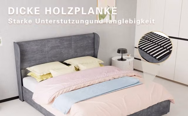 Letto imbottito 160×200 cm in velluto con testiera morbida, basamento contenitore ad alzata pneumatica, grigio, materasso incluso