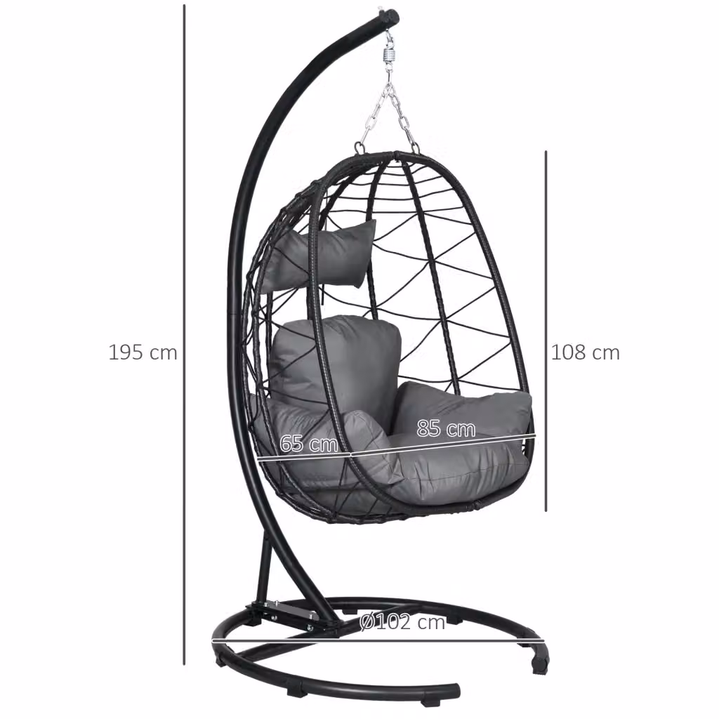 Poltrona sospesa moderna WISHDOR in rattan e metallo con cuscini e copertura impermeabile, nero – 2