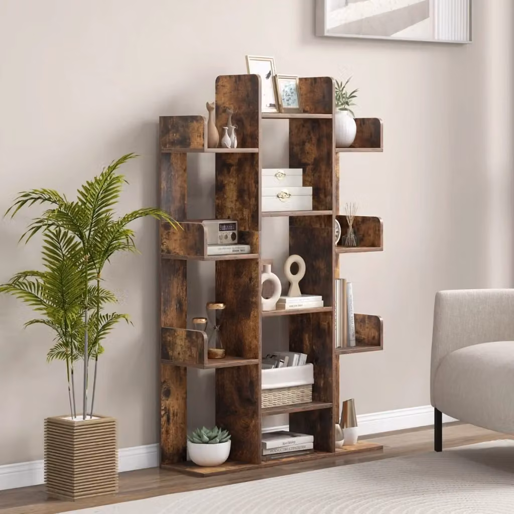 Libreria ad albero decorativa autoportante con 13 ripiani aperti, Scaffale da angolo moderno in legno e MDF, Marrone, H: 141 cm, L: 86 cm, P: 24,5 cm – 2