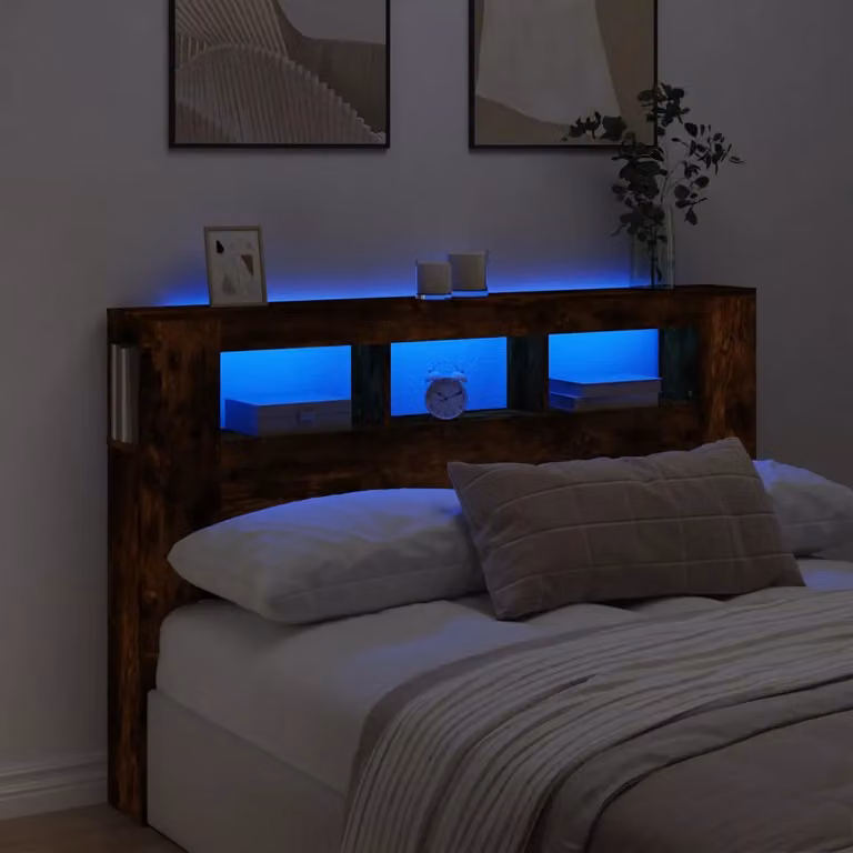 Testiera con LED vidaXL in Rovere Fumo, con mensola integrata e porta USB, L 160 x P 18,5 x H 103,5 cm