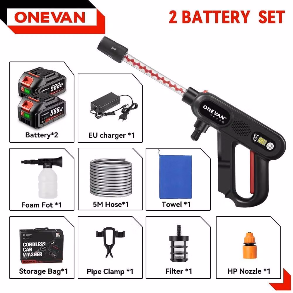 Idropulitrice a batteria - Senza spazzole - 220 bar - 3 livelli di potenza - 2 batterie incluse - Ideale per il lavaggio auto e l'irrigazione del giardino - Colore: arancione
