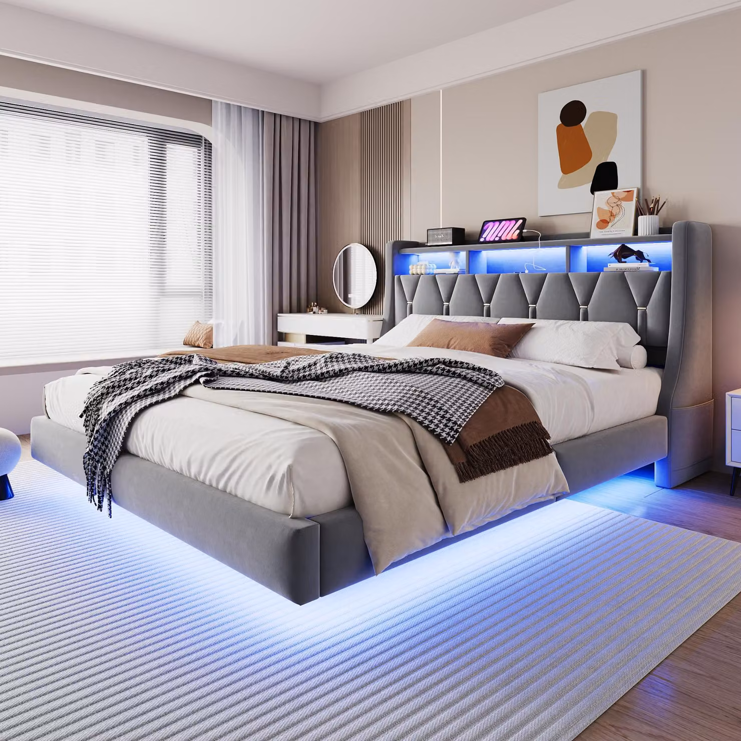 Letto imbottito STILVORA 180×200 con presa elettrica e vano portaoggetti, struttura con testiera ribaltabile e illuminazione a LED, letto per ragazzi con gambe allargate in tessuto di velluto, senza materasso, grigio