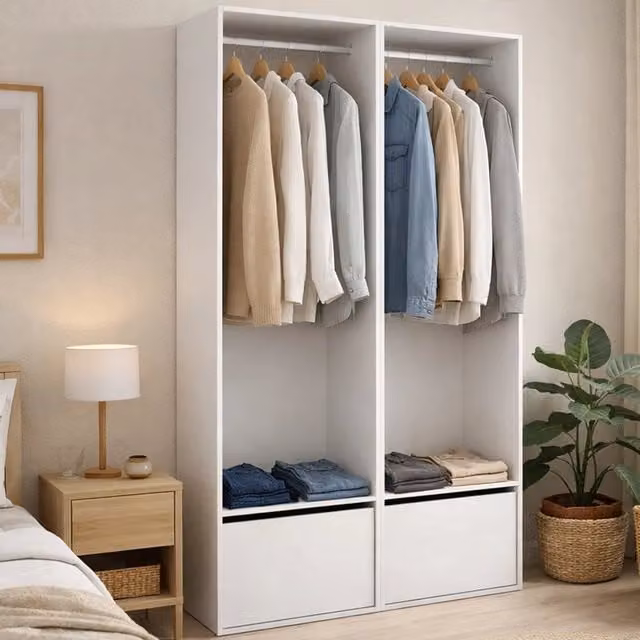 Armadio da camera da letto DMORA moderno con ante pieghevoli, porta pantaloni e appendiabiti, L 120 cm x P 45 cm x H 205 cm, Bianco e Rovere – 1