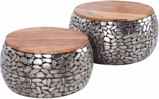 Tavolini bassi nidificati GALEA MEUBLORAMA in legno di mango e alluminio argentato con motivo decorativo a ciottoli, marrone e argento – 1