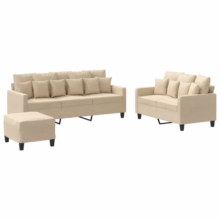 Set di Divani 3 pz con Cuscini Crema in Tessuto