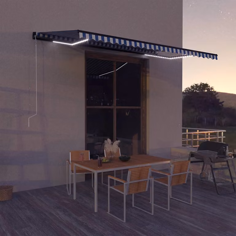 vidaXL Tenda da sole con bracci pieghevoli, sensore del vento e LED, Blu e Bianca, L: 500 cm, P: 300 cm