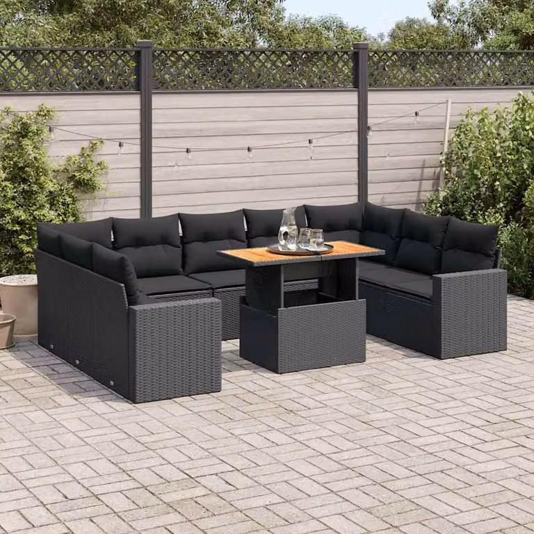 Set di divani da giardino vidaXL 10 pezzi in rattan e legno di acacia oliato nero con cuscini