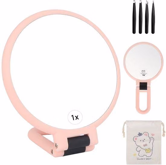 Specchio cosmetico 15x/1x, rosa, pieghevole, bifacciale, con maniglia