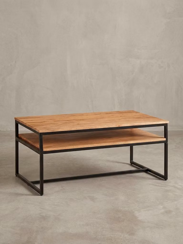 Tavolino vintage industriale in legno di acacia e ferro, 2 ripiani, portata massima 15 kg. 100x60x45 cm | Kadima Design