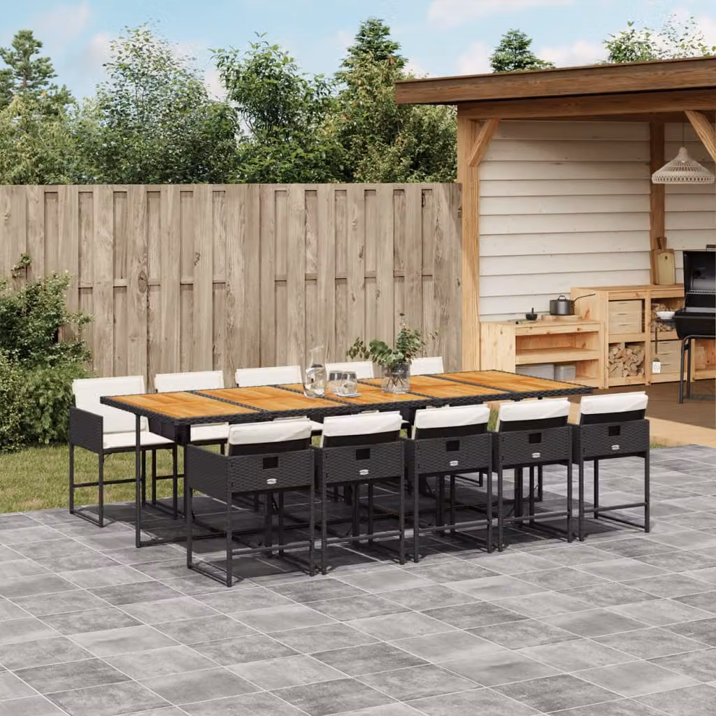 Set da pranzo da giardino vidaXL in polyrattan e legno di acacia con 11 pezzi e cuscini nero – 1