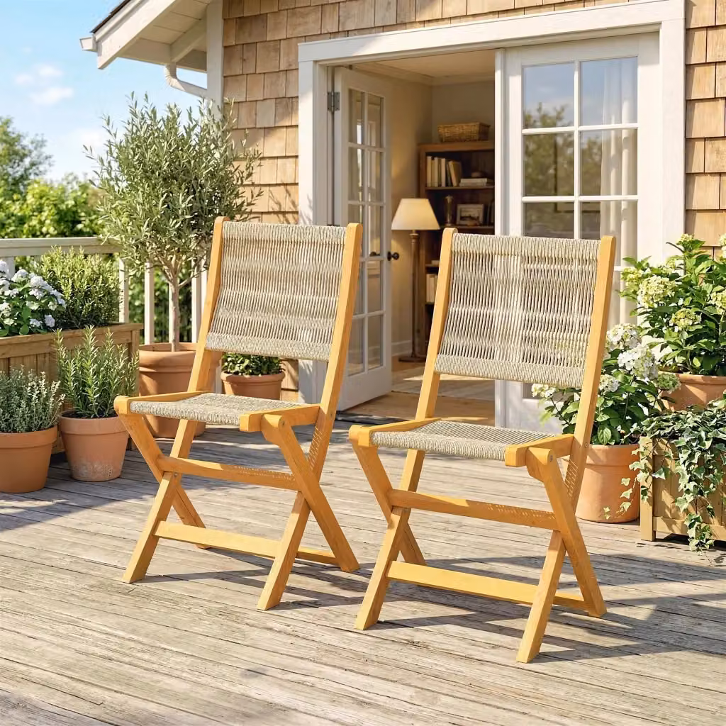 Set di 2 sedie pieghevoli da giardino GIORDANOSHOP in rattan e legno di acacia beige – 2