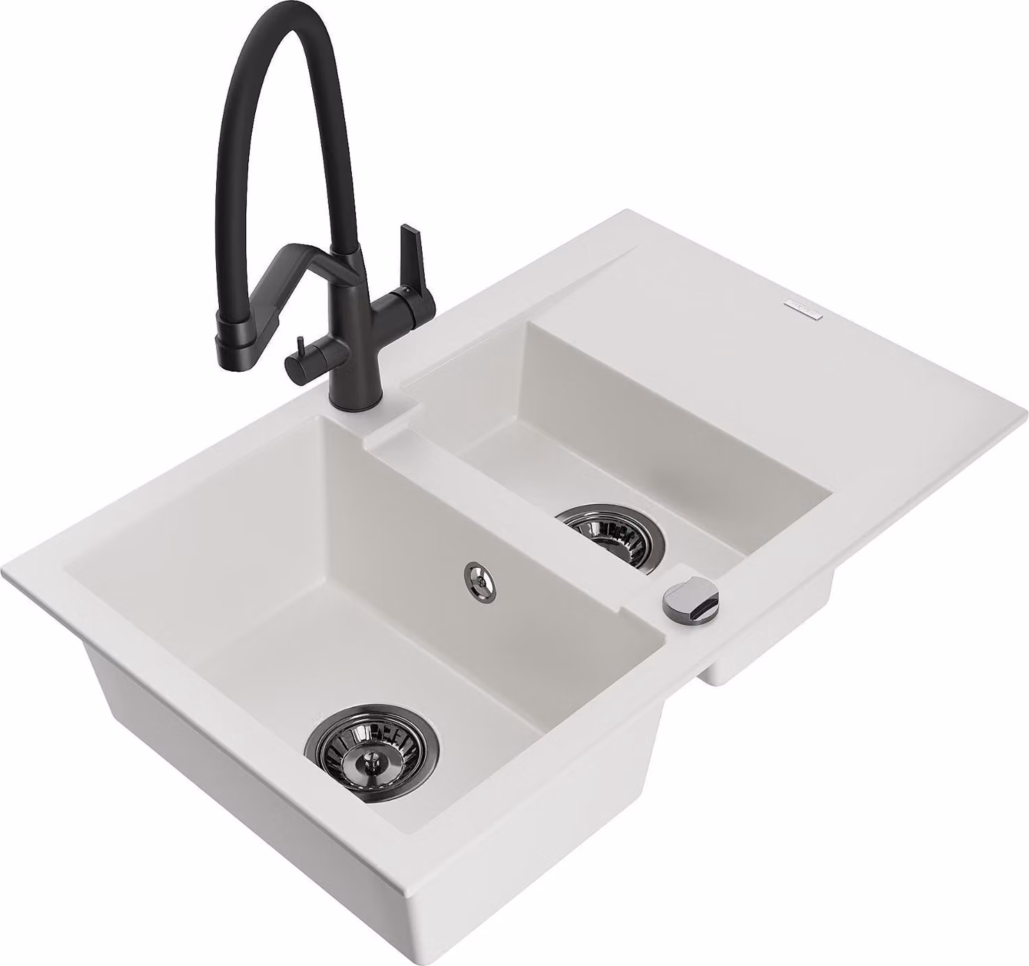 Mexen Gaspar lavello in granito 1,5 vasca con sgocciolatoio e miscelatore Duo, bianco - 6507-20-671701-70-B