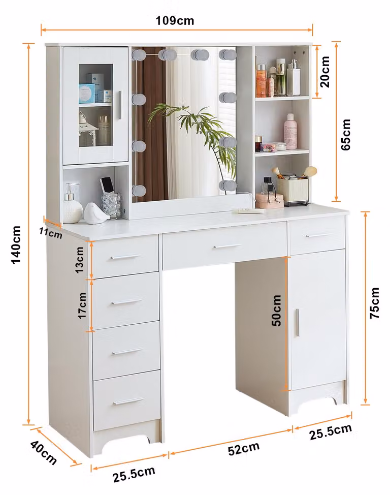Comò con specchio a LED - Bianco - Legno - Comò moderno per il trucco - Arredamento per la camera da letto