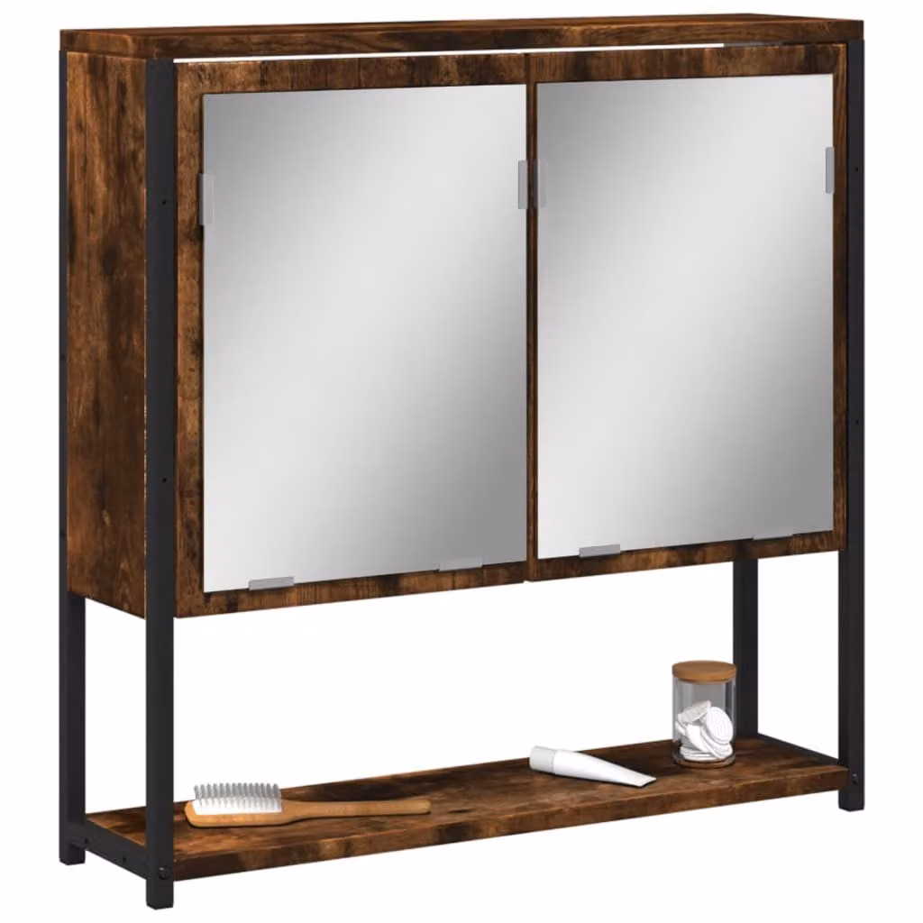 Mobiletto da bagno con specchio vidaXL in rovere e metallo, colore marrone, L 60 cm x P 16 cm x H 60 cm