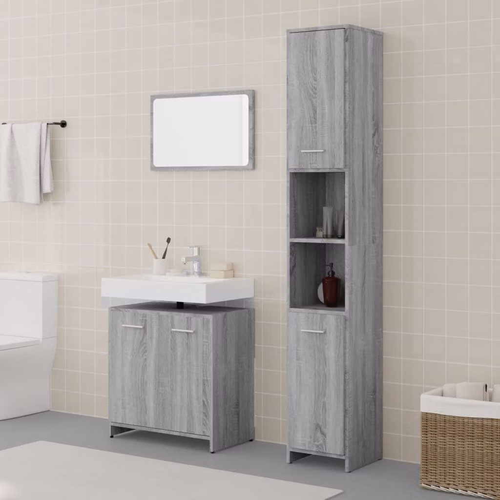 Set di mobili da bagno moderno vidaXL in 3 pezzi colore grigio opaco composto da armadietto con specchio, colonna alta e mobile sottolavabo con ripiani interni