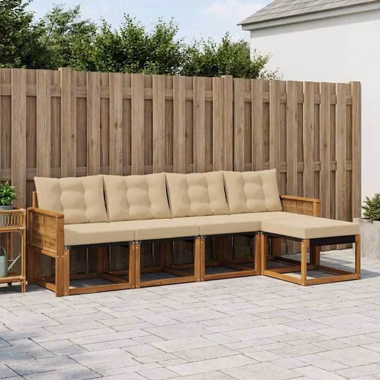 Set di divani da esterno vidaXL a forma di L in legno di acacia con pouf e cuscini, colore beige