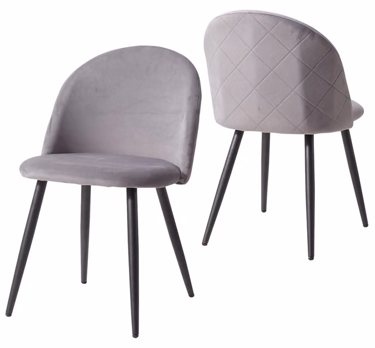 Set di 2 sedie da pranzo - Sedie da pranzo moderne - Tessuto velluto - Imbottite - Gambe in metallo - Senza braccioli - Grigie