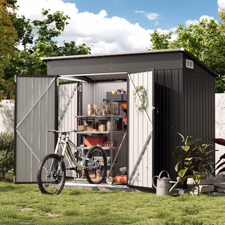 Capanno da giardino in metallo con tetto a falda, ideale per riporre biciclette, dimensioni 234x131x185 cm, colore nero, resistente agli agenti atmosferici, dotato di 3 porte con serratura