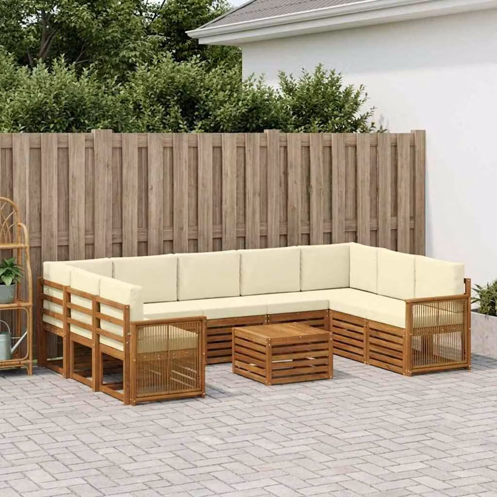 vidaXL Set di divani da esterno componibile a L in legno di acacia con cuscini, 10 pezzi, Beige e Marrone