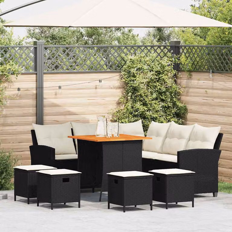 Set Divano da Giardino a L vidaXL 6 pz con Tavolino e Ottoman, Struttura in Acciaio Verniciato e Polyrattan Nero con Cuscini Inclusi