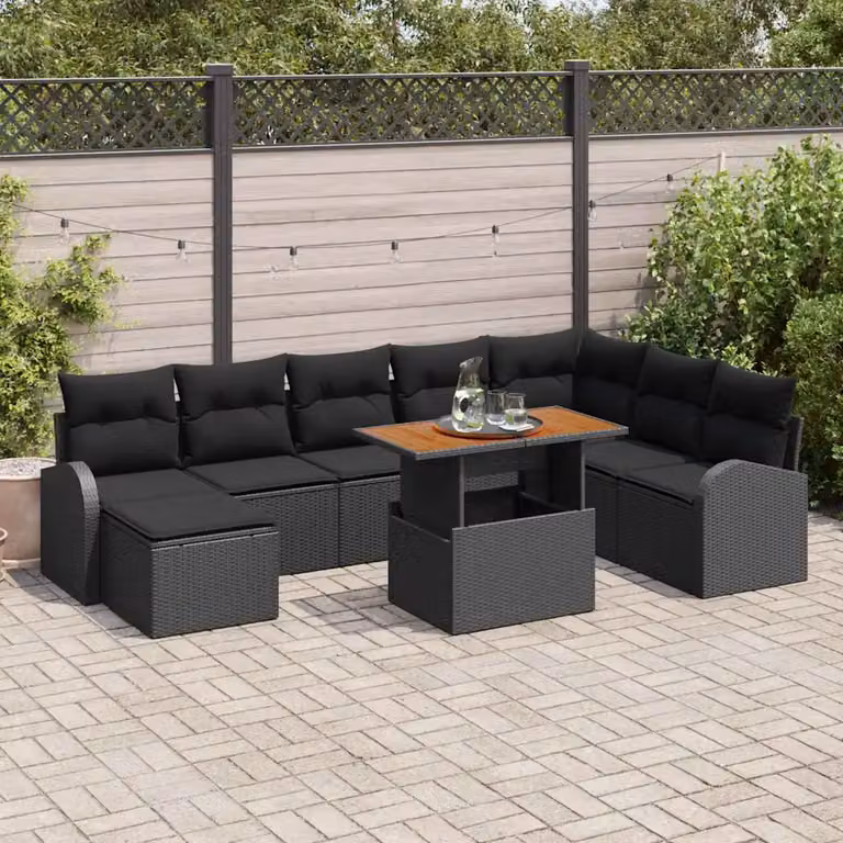 Set Divano da Giardino vidaXL in Polyrattan Nero 9 Pezzi