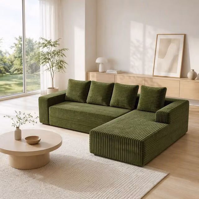 Divano angolare con Chaise Longue ¨C Minimal ¨C verde tessuto velluto morbidissimo