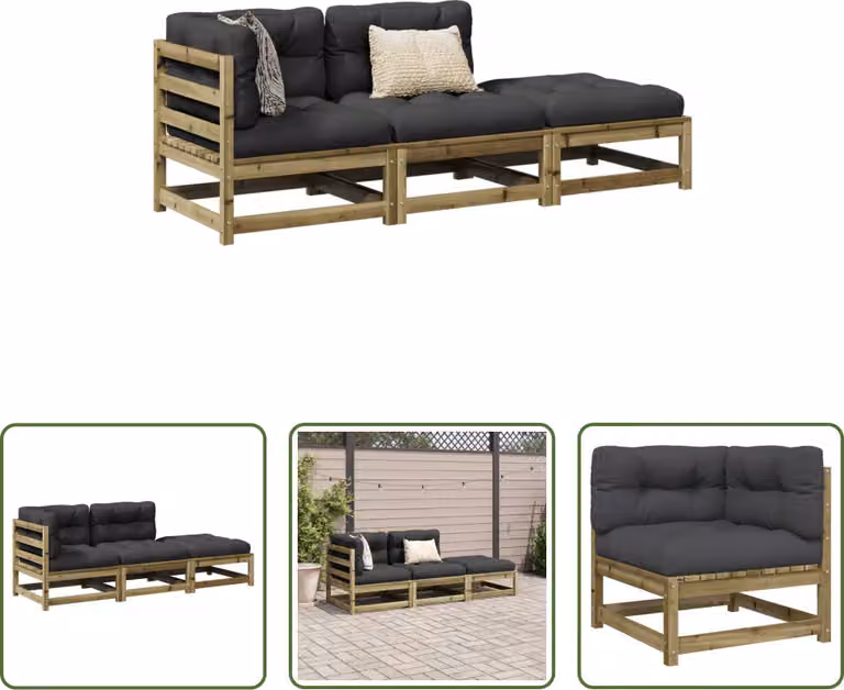 The Living Store Set di divani da giardino a 3 pezzi con cuscini in legno di pino impregnato