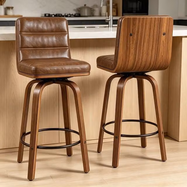 Set di sgabelli da bar girevoli 360 Minimal in similpelle marrone con gambe in legno di faggio per cucina e soggiorno – 1