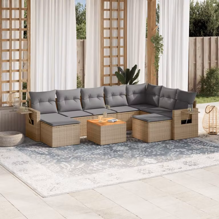 vidaXL Set Divano da Giardino 10 pz in Polyrattan con Cuscini Beige e Grigio per Esterno