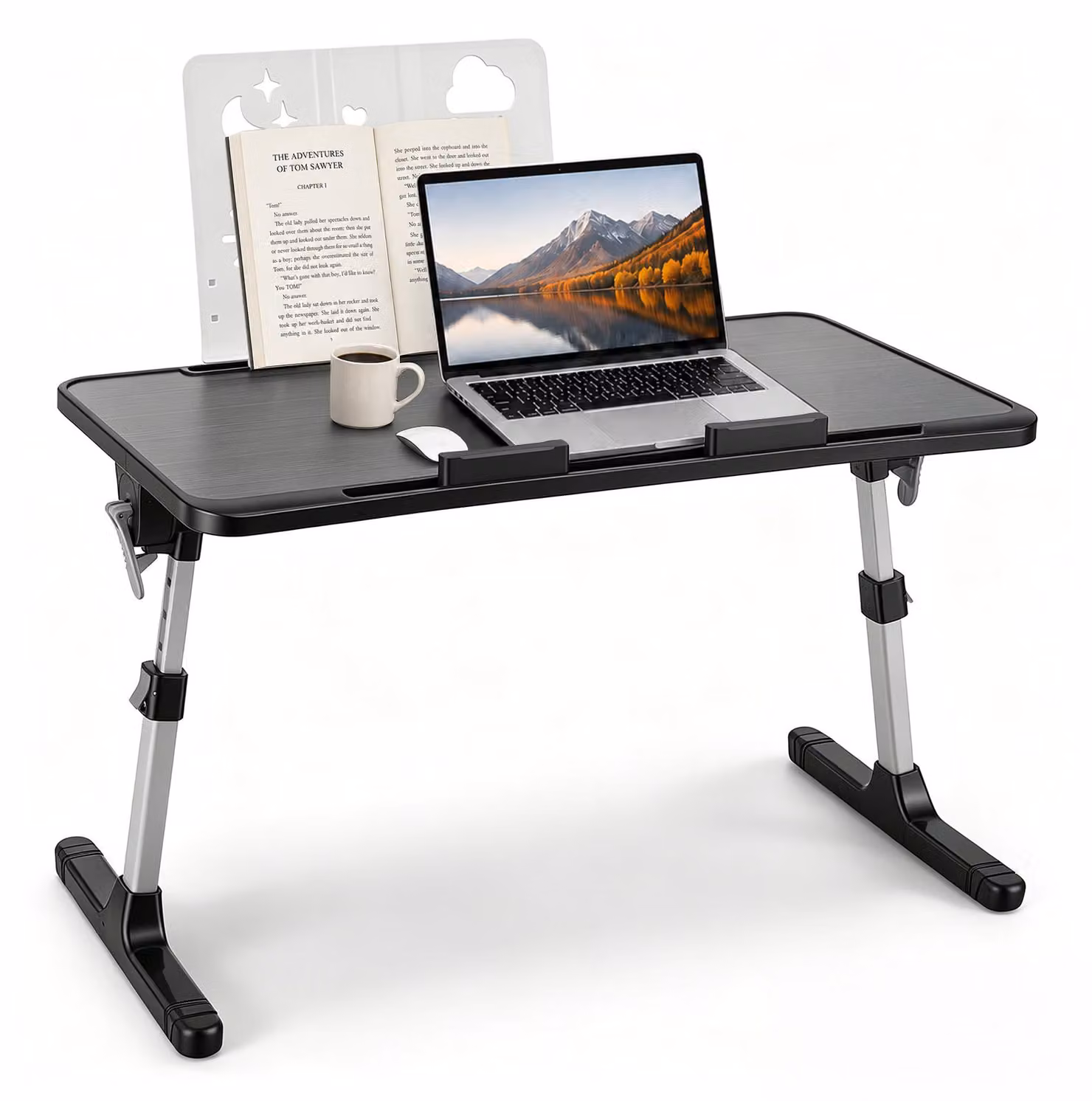 Tavolino per laptop da usare a letto o sul divano - Pieghevole - Regolazione dell'altezza su 5 livelli - Multifunzionale - Struttura in metallo - 2 kg - Nero