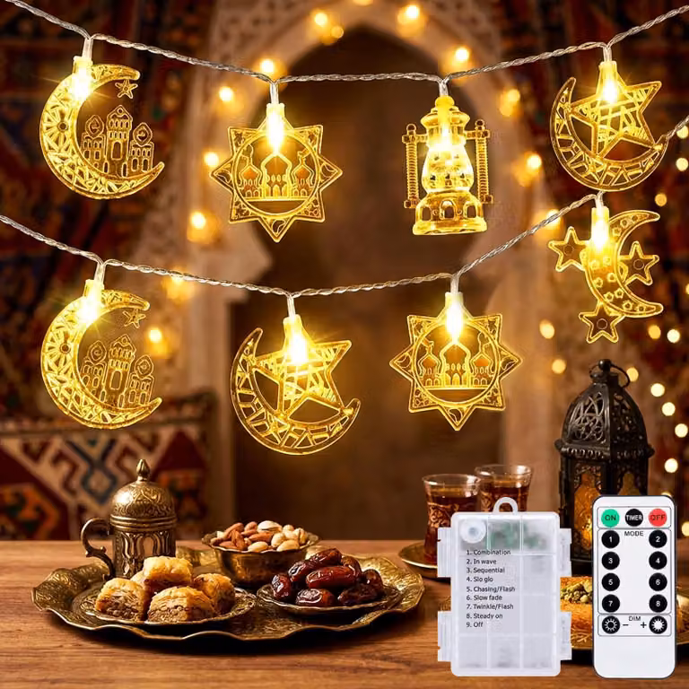 Catena luminosa a LED a tema Ramadan, lunghezza 3 metri, 20 LED bianco caldo, 8 modalità, timer