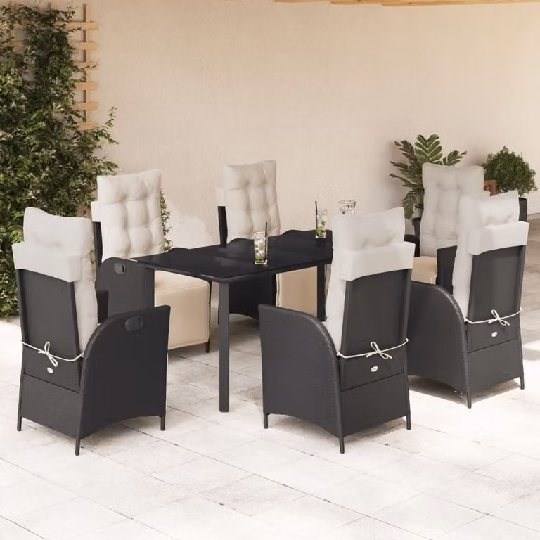 vidaXL Set da Pranzo da Giardino 7 pz in Polyrattan Nero con Cuscini e Tavolo in Vetro