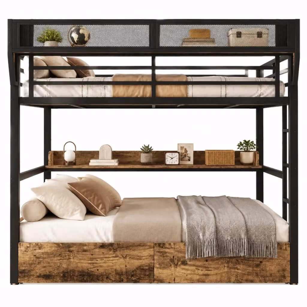 Letto a castello Chicfurn nero con 2 cassetti, ripiano, cestello e illuminazione LED, L/P/H: 204 x 140 x 176,5 cm – 2