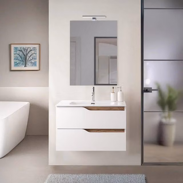 Mobile bagno sospeso Sumya con lavabo, design moderno in bianco e quercia, Larghezza: 80 cm